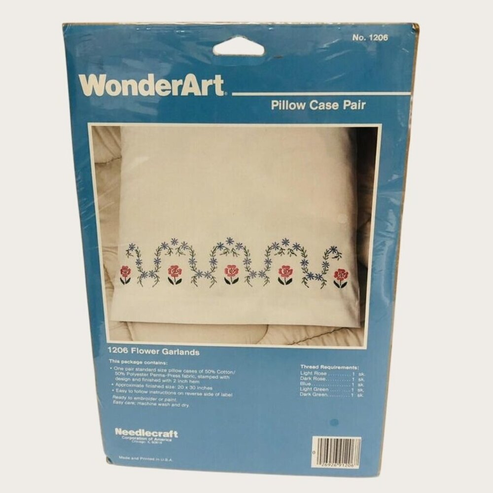 Needlecraft WonderArt Pillow Case Pair Flower Garlands Embroidery Paint Granny